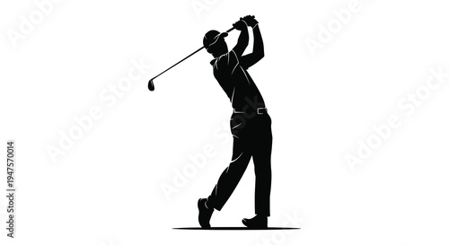 A golfer in mid swing captured as a striking black form against a white background silhouette