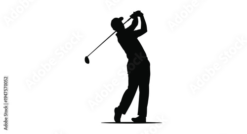 A golfer in mid swing captured as a stark black form against a white background silhouette