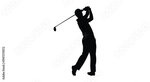 A golfer completing his swing captured in a striking black form against a white background silhouette