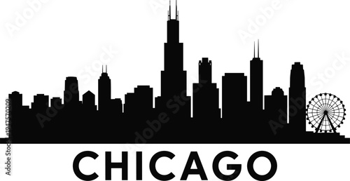 Chicago Skyline Silhouette with Ferris Wheel and Text city