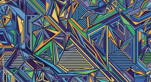 A dynamic, colorful abstract geometric pattern featuring triangles, circles, and rectangles in bright blue, red, yellow, and green. Ideal for modern backgrounds, graphic design, and energetic visual.