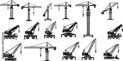 Construction crane silhouette set, tower cranes and mobile lifting machines collection isolated on white background, heavy equipment industrial vector illustration