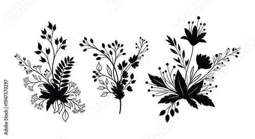 Four delicate floral arrangements presented in a striking black silhouette high quality professional detailed modern elegant