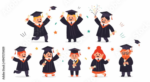 Graduates celebrate completion with joyful expressions and confetti in festive gowns.