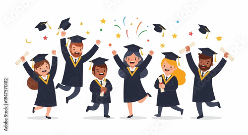 Diverse students celebrate graduation with joyful confetti and diplomas in hands happily