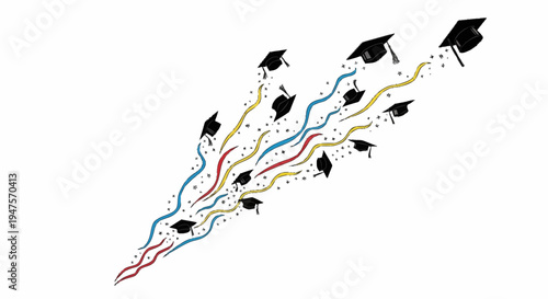 Graduation caps fly through air with colorful ribbons and confetti celebrating Education