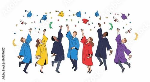 Graduates celebrate tossing colorful caps and confetti in the air happily