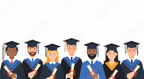 Graduates in caps and gowns hold diplomas with red ribbons standing together