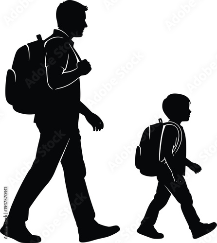 Father and son walking with backpacks silhouette, parent and child travel or school concept, family relationship, education journey, black vector illustration