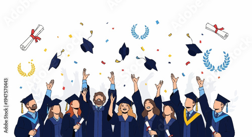 Graduates celebrate tossing caps in air with confetti and scrolls around them happily