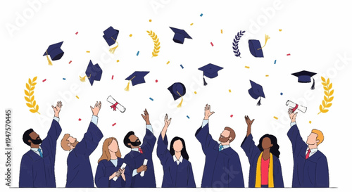 Graduates celebrate tossing caps and confetti in the air with joy and excitement on campus grounds