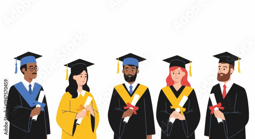 Group of diverse graduates wearing gowns and caps holding diplomas standing together