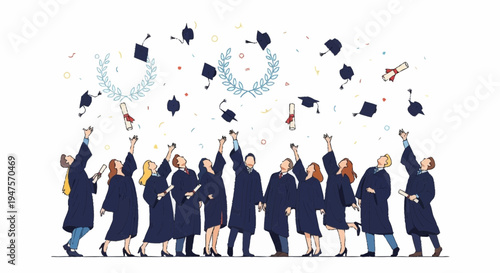 Graduates celebrate tossing caps in air with confetti and laurel wreaths around them.