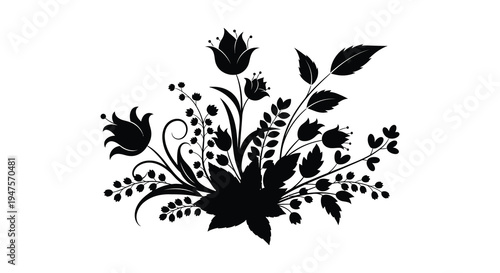 Delicate floral arrangement featuring stylized blooms and leaves rendered as a striking silhouette high quality professional