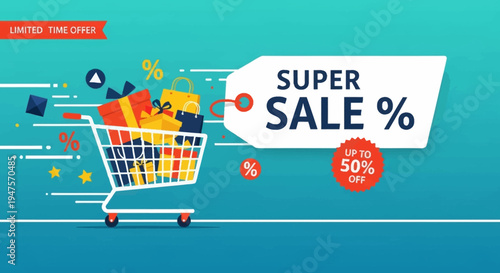 Super Sale Banner with Shopping Cart Full of Gift Boxes and Bags, 50 Percent Off Discount Promotion for E-commerce and Retail Marketing