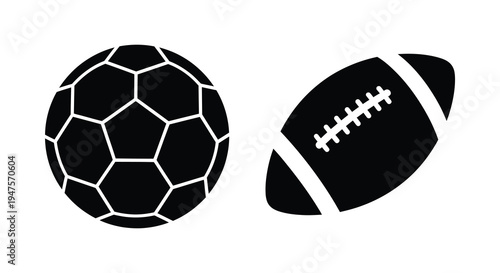 A stark depiction of a soccer ball and american football in solid black silhouette high quality