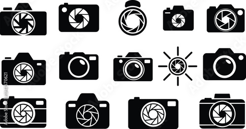 Collection of Black Camera Icons and Aperture Symbols photography
