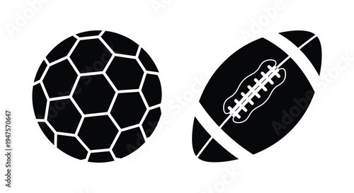 A striking depiction of a soccer ball and a football in bold black silhouettes high quality