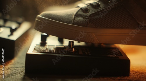 Cinematic close up of effect pedal being pressed by sneaker, subtle dust in studio air, focus on foot movement and texture, 8k resolution, Canon EOS