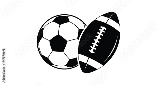 A black and white depiction of a soccer ball and american football a striking silhouette