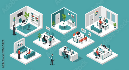 Isometric Office Workspaces Vector Illustration, Modern Corporate Business Environment with People Working at Desks, Meeting Rooms and Coworking Space Concept