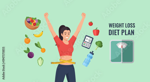 Weight Loss Diet Plan Concept Illustration with Happy Woman Measuring Waist and Healthy Food Icons