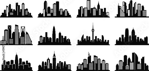Collection of Diverse City Skyline Silhouettes in Black and White Keywords: city skyline, silhouette, buildings, urban