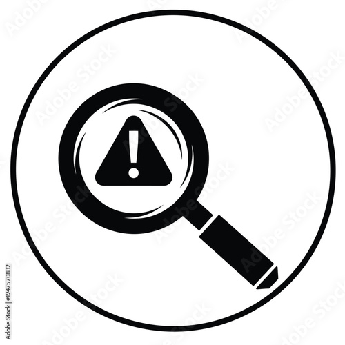 Black magnifying glass with warning sign on white background vector illustration