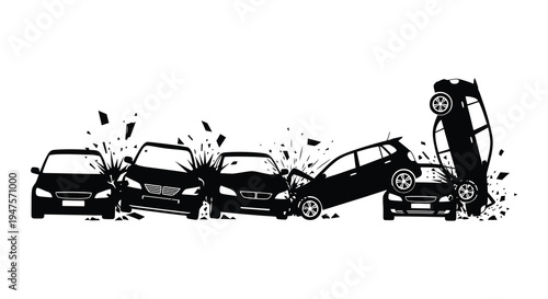 A dramatic depiction of a multi vehicle collision showcasing shattered glass and twisted metal silhouette high quality