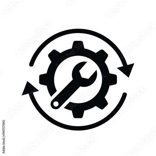 Vector illustration of gear with wrench on white background for maintenance and repair concepts