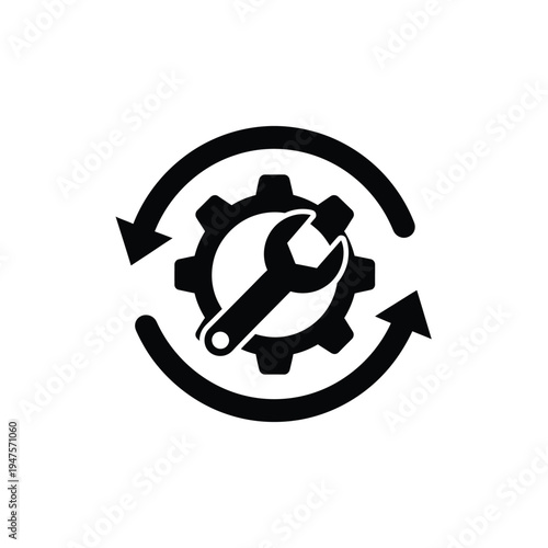 Vector illustration of gear with wrench on white background for maintenance and repair concepts