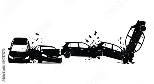 A dramatic depiction of a multi vehicle collision with shattered glass and impactful force silhouette