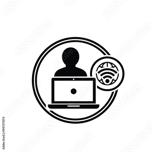 Vector illustration of a person with laptop and WiFi symbol on white background