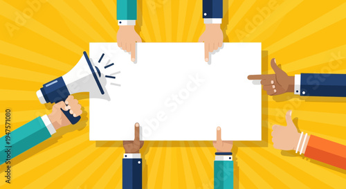 Business Team Hands Holding Empty White Banner with Megaphone, Flat Illustration for Marketing, Announcement, and Advertising Copy Space on Yellow Sunburst Background