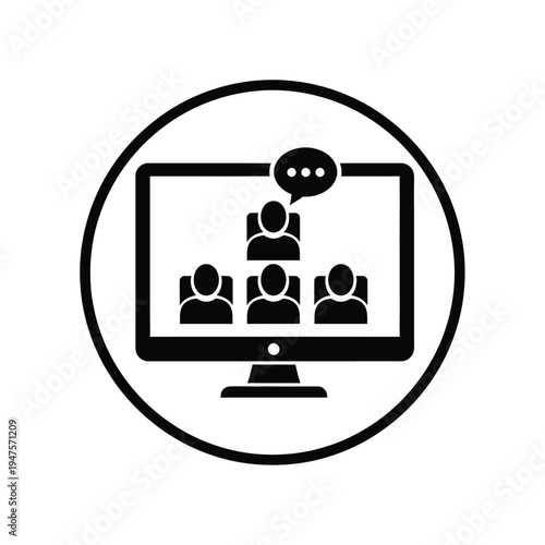 Vector illustration of online meeting on white background with computer screen and people icons