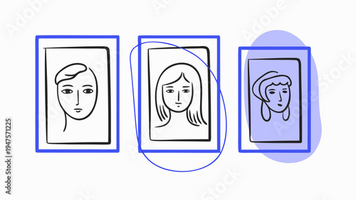 Minimalist line art portraits of three people in framed illustrations with simple facial features and modern aesthetic