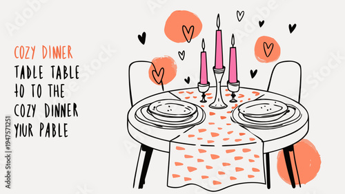 Cozy dinner table setting with candles and heart decorations for romantic evening