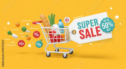 3D Illustration of a Shopping Cart Filled with Groceries and Super Sale Price Tag for 50% Off Discount on Yellow Background