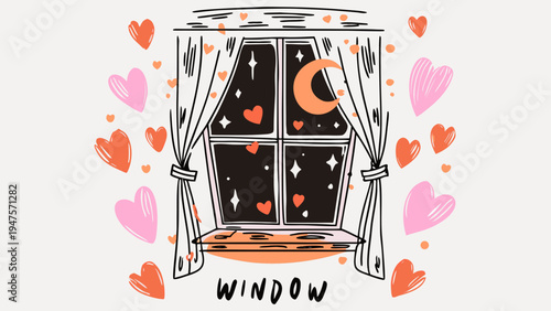 Romantic window scene with hearts and moonlight at night