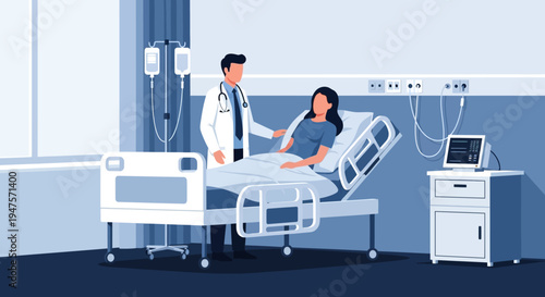 Doctor Visiting Patient in Hospital Bed Vector Illustration - Healthcare Medical Consultation and Patient Care Concept with IV Drip and Vital Monitor