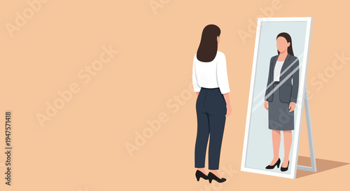 Career Success and Professional Growth Concept with Woman Looking in Mirror Seeing Herself in Business Suit