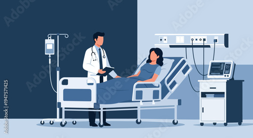 Doctor Consulting Female Patient in Hospital Room Vector Illustration, Medical Healthcare Concept