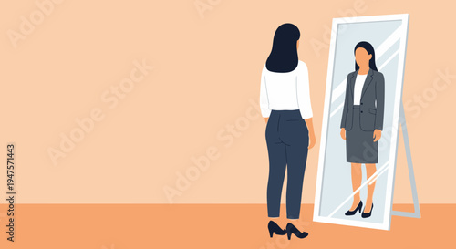 Woman Looking in Mirror Seeing Herself as Successful Business Professional, Career Ambition and Self-Confidence Concept Illustration