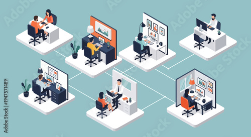 Isometric Illustration of Remote Work and Hybrid Office Connectivity with Diverse People Working in Connected Pods for Global Business Collaboration