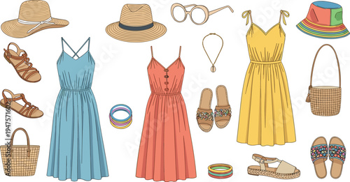 Stylized summer fashion collection illustration with colorful dresses, straw hats, sunglasses, sandals, handbags, and 