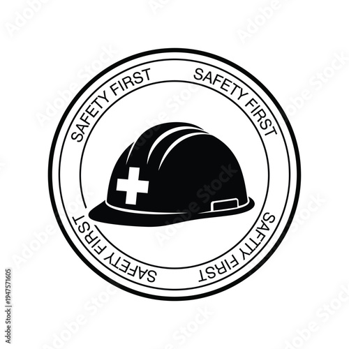 Safety first vector illustration with hard hat on white background