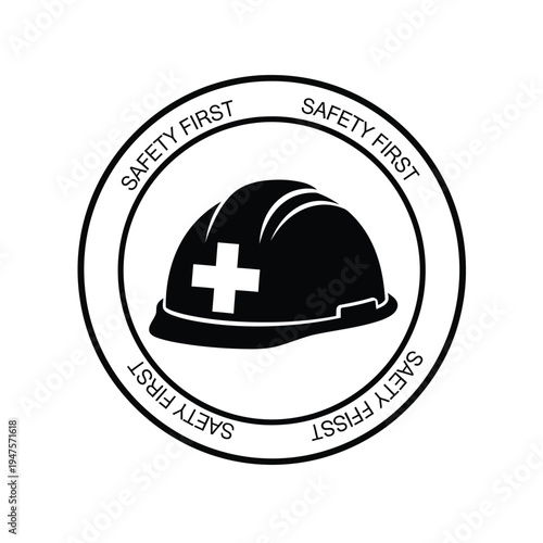Safety first vector illustration with hard hat on white background