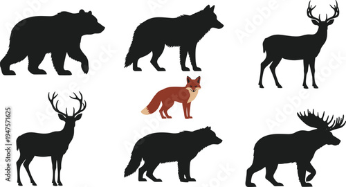 Wild animal silhouettes with central red fox illustration featuring bear, wolves, deer, and moose, perfect for wildlife education, forest ecosystem graphics, or nature branding projects.