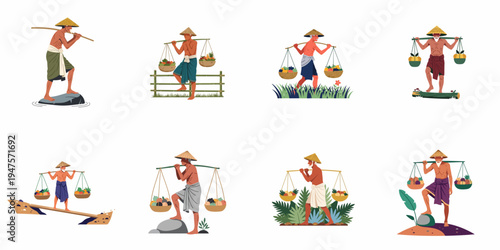 Vector illustrations of an elderly Asian farmer carrying fruit baskets on a traditional shoulder yoke, set in various rural outdoor environments.