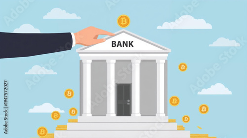 vector illlustartion of a hand puts bitcoin into bank